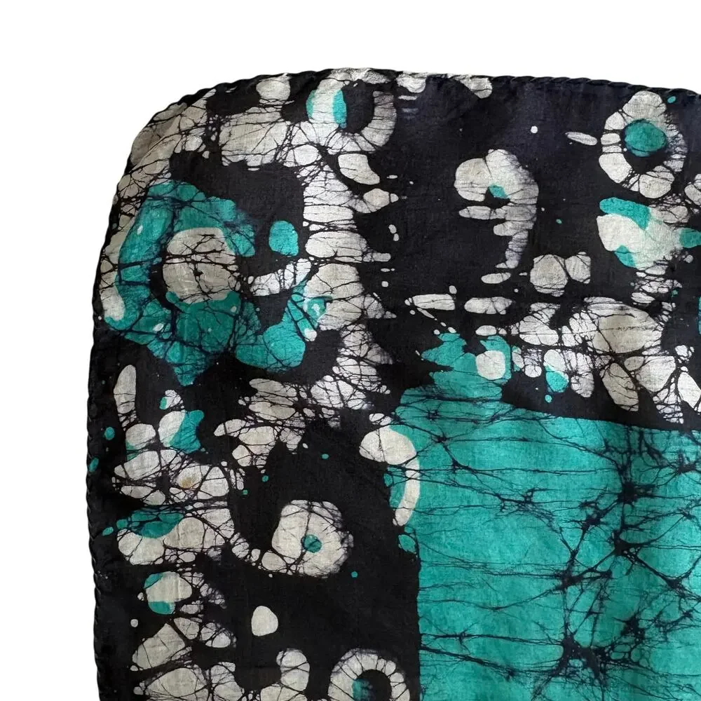 100% Silk Abstract Shibori Tie Dye Scarf Teal Blue Boho Eclectic Native Square